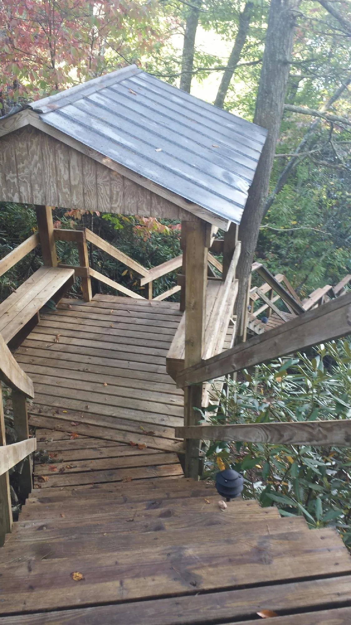 Metal roofed shelter over wooden steps on a wooded walkway — Skylight Repair & Installation work by our crew in Deer Grove